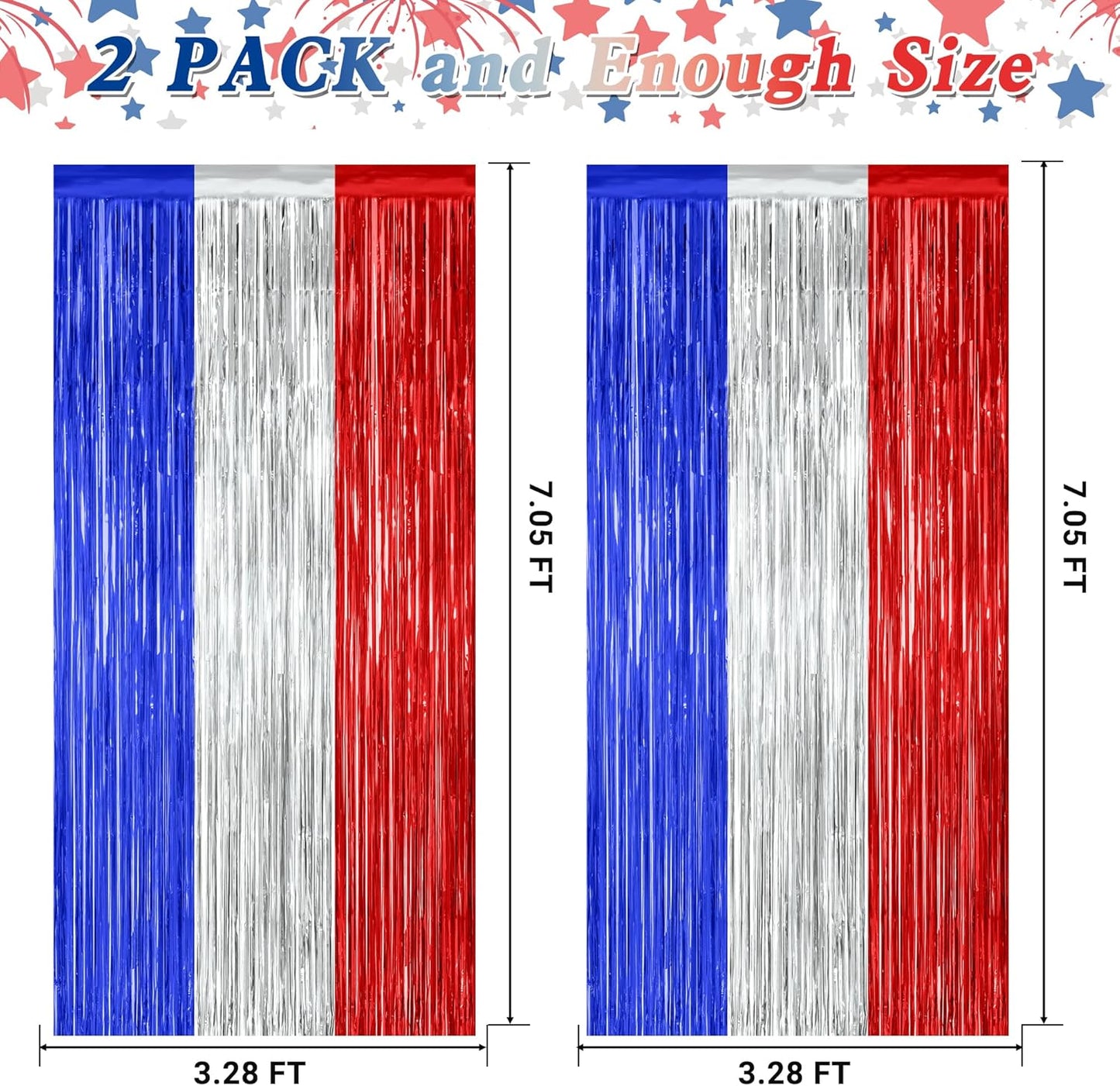 2 Pack 4th of July Party Supplies, 3.28 FT x 7.05 FT 4th of July Tinsel Backdrop, Blue Silver Red Color Fringe Curtains Streamer Backdrop, 4th of July Photo Backdrop Party Decorations