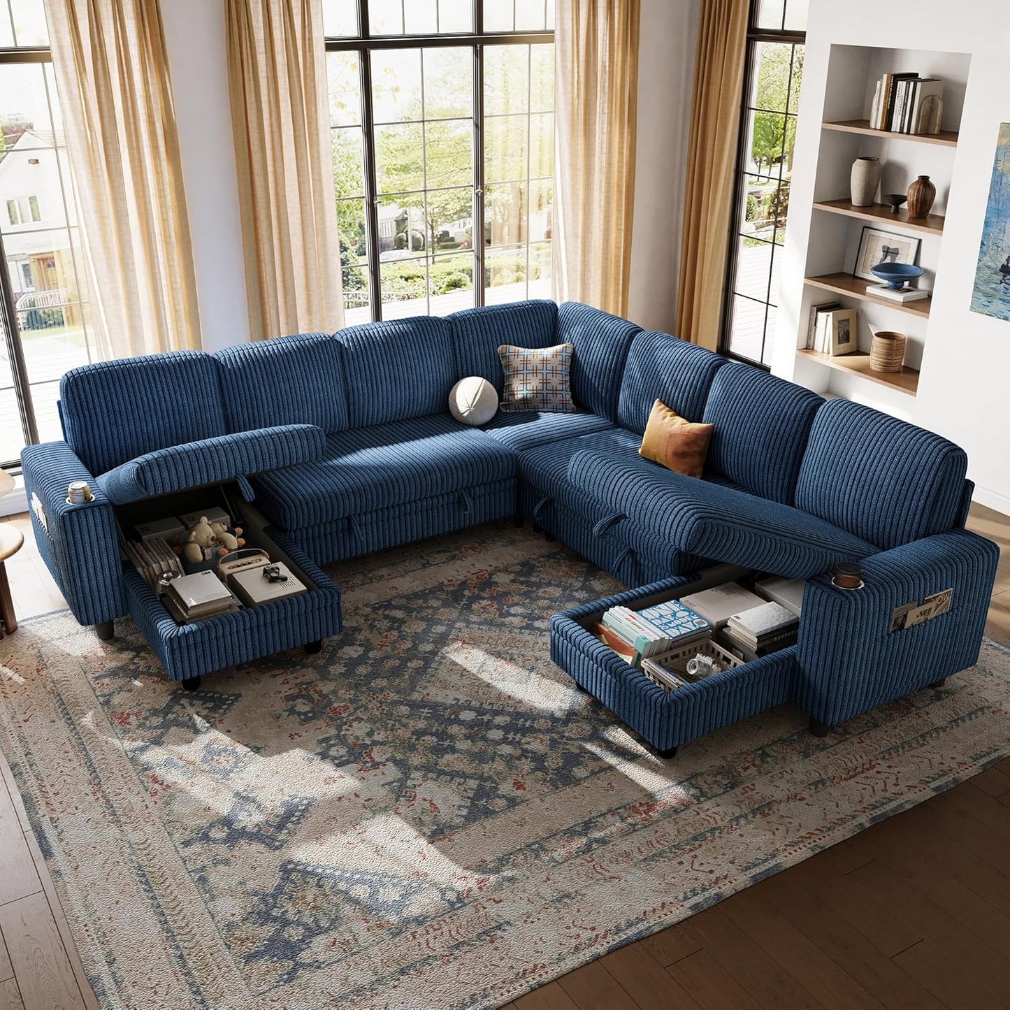 LINSY HOME Sectional Sleeper Sofa with Pull Out Couch Bed - Convertible Plush Corduroy Cloud Couch with Storage Chaise & USB Charging, Comfy Modular Couches for Living Room, Blue