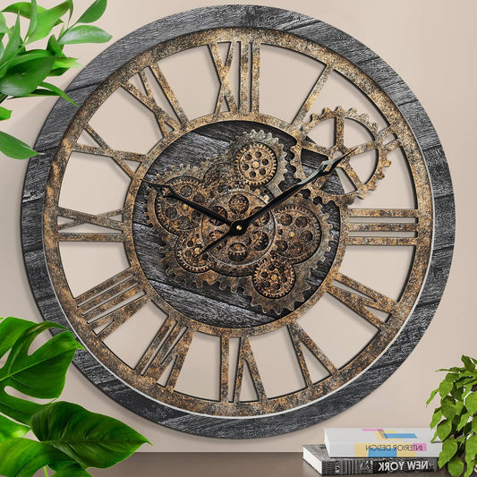 HOIBAI Wall Clock, 24 Inch Moving Gears Clock Large Wall Clock for Living Room Decor Rustic Vintage Industrial Steampunk Farmhouse Big Clock for Home Kitchen Bedroom Office