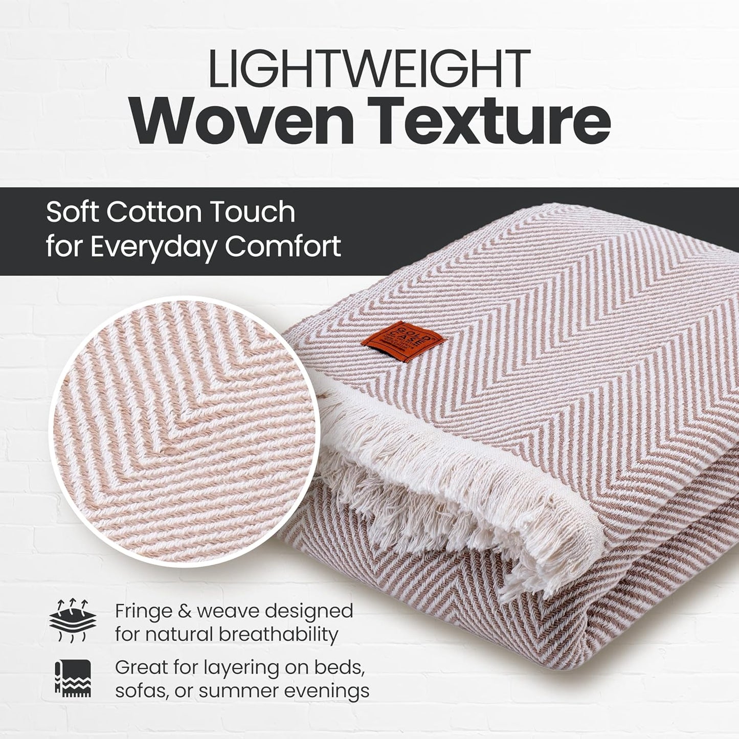 Gold Case Throw Blanket for Bed – 100% Recycled Turkish Cotton Bed Blanket – Decorative Throw Cotton Blankets for Living Room & Bedroom – Elegant Beige Woven Queen Blankets – 90x90