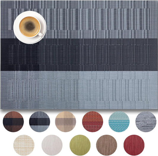 Placemats Set of 6 - Easy Clean Woven Vinyl Placemats for Dining Table, Indoor/Outdoor Place Mats, Washable PVC Table Mats （Silver Gray Black）