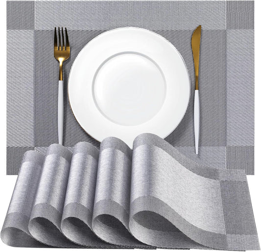 Placemats Set of 8 - Easy Clean Woven Vinyl Placemats for Dining Table, Indoor/Outdoor Place Mats, Washable PVC Table Mats （Silver Cube）