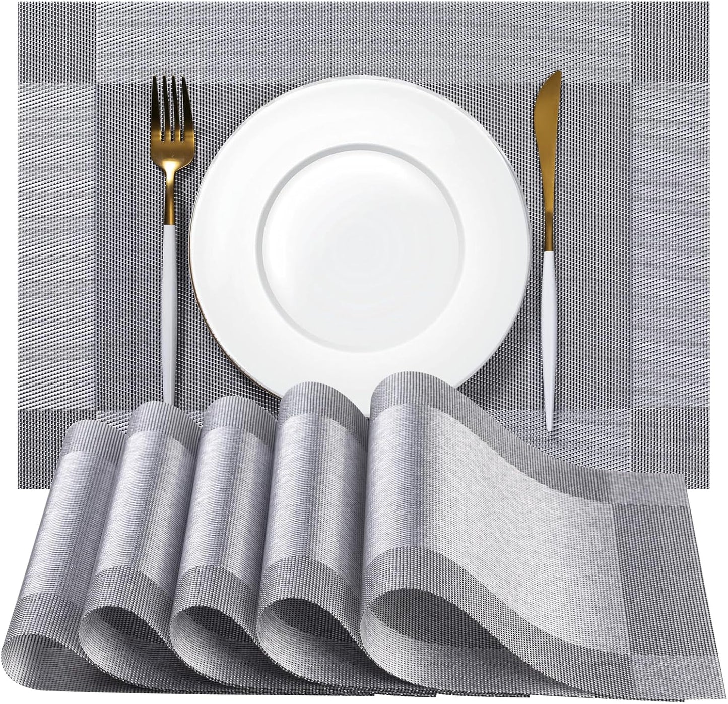 Placemats Set of 6 - Easy Clean Woven Vinyl Placemats for Dining Table, Indoor/Outdoor Place Mats, Washable PVC Table Mats （Silver Cube）