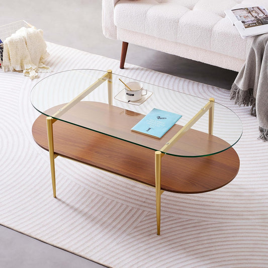 Oval Glass Coffee Table, Mid-Century Modern Design, L41 x W21 x H17 inch, for Living Room, 2-Tier Structure, Clear Glass Top and Walnut Finish Wood Shelf, Conical Legs with Gold Finish Frame