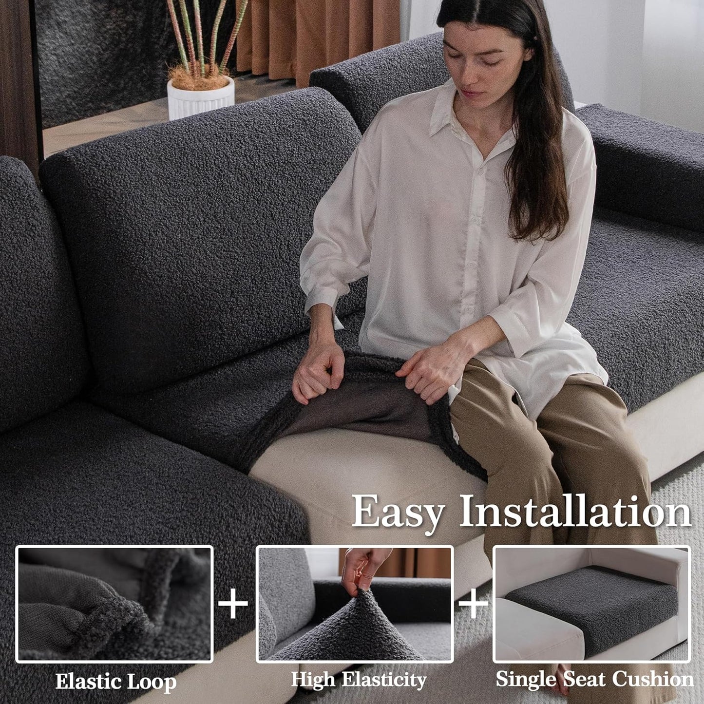 Couch Cushion Covers for Sectional Sofa, Stretch Soft Sofa Slipcovers Washable Wear-Resistant Universal Furniture Protector for Living Room(1 Piece Oversized Cover, Dark Gray)