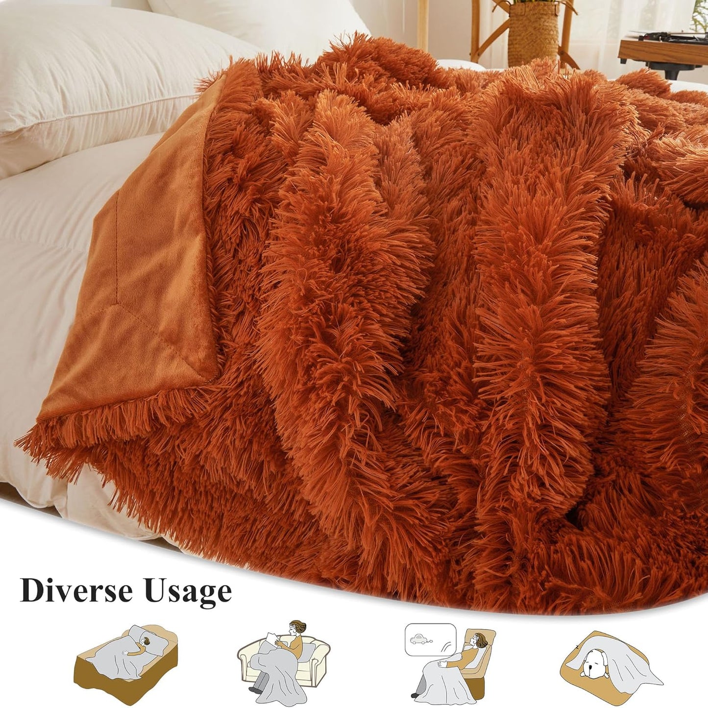 XeGe Luxury Faux Fur Blanket, Burnt Orange Soft Fluffy Bed Throw, Shaggy Plush Big Decorative Couch Throw, Cute Furry Fuzzy Blanket for Sofa Bed, Burnt Orange, 60x90