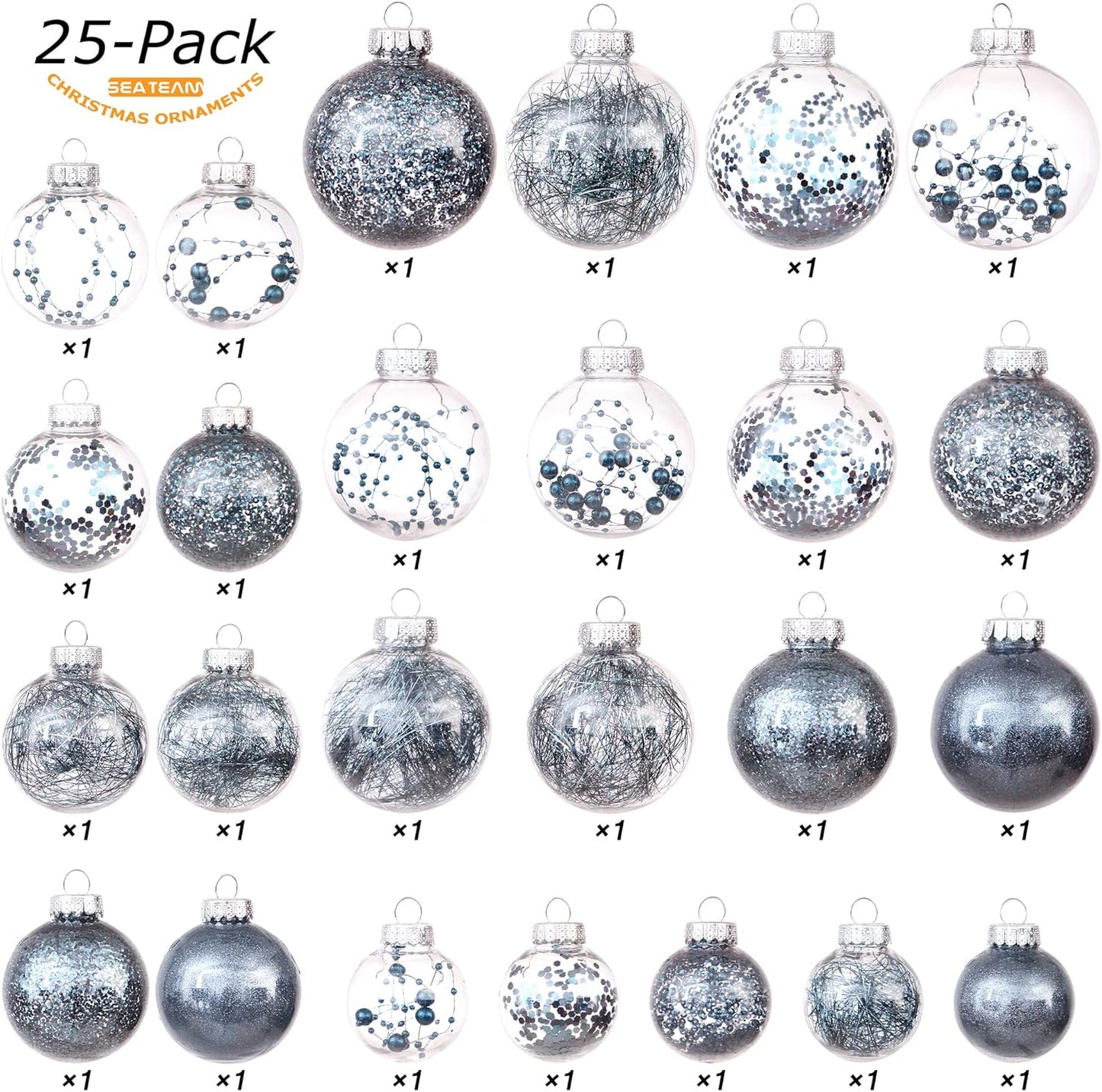 Sea Team Multi-Size Shatterproof Clear Plastic Christmas Tree Ball Ornaments Set, Decorative Hanging Transparent Xmas Baubles with Stuffed Delicate Decorations (25 Counts, Stone Blue)