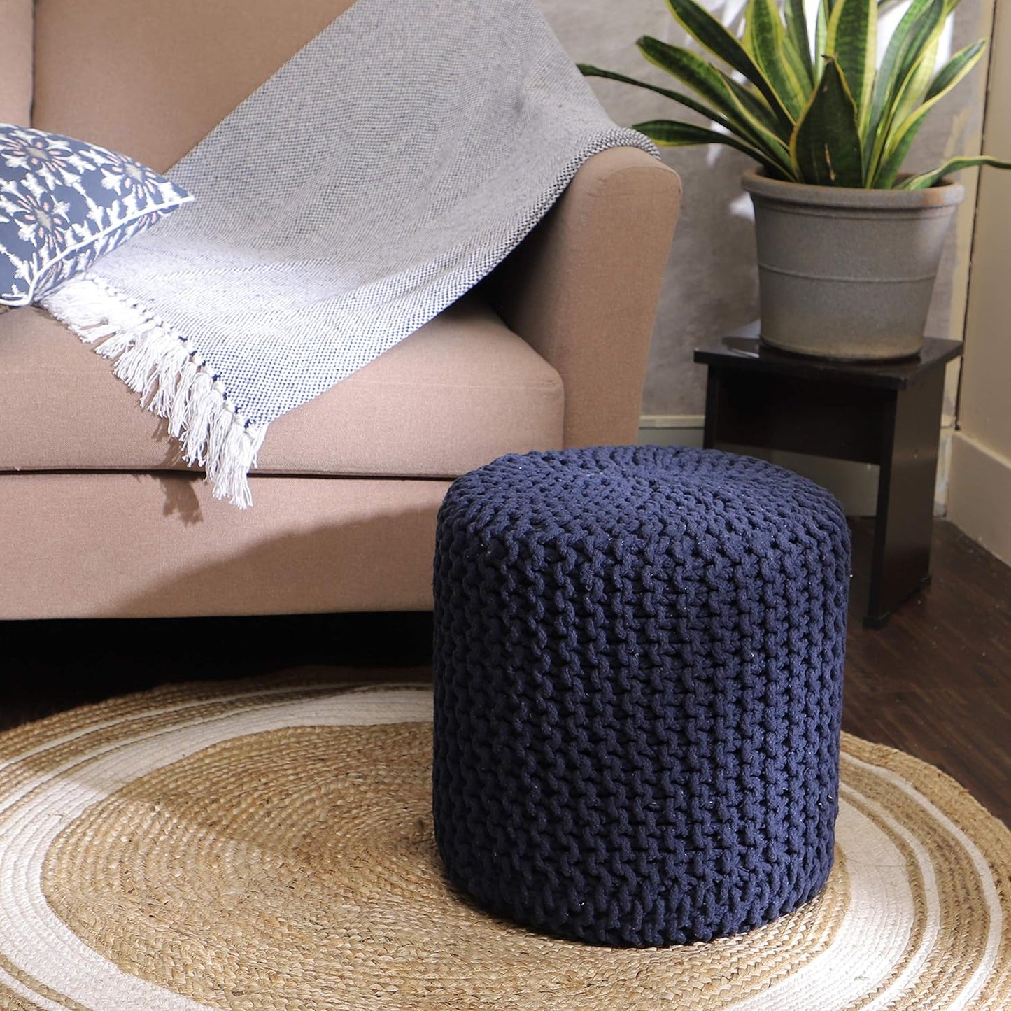 REDEARTH Cylindrical Pouf Ottoman -Hand Knitted Poof Pouffe Accent Chair Seat Footrest for Living Room, Bedroom, Nursery, kidsroom, Patio, Gym; 100% Cotton (16x16x16; Navy Blue)