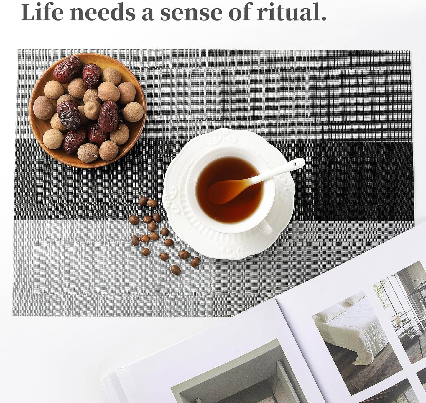 Leetaltree Grey with White Striped Placemats Set of 12 - Heat Resistant Non-Slip Place mats for Dining Table, Washable Durable PVC Vinyl Woven Table Mats（Grey Stripe, 12）