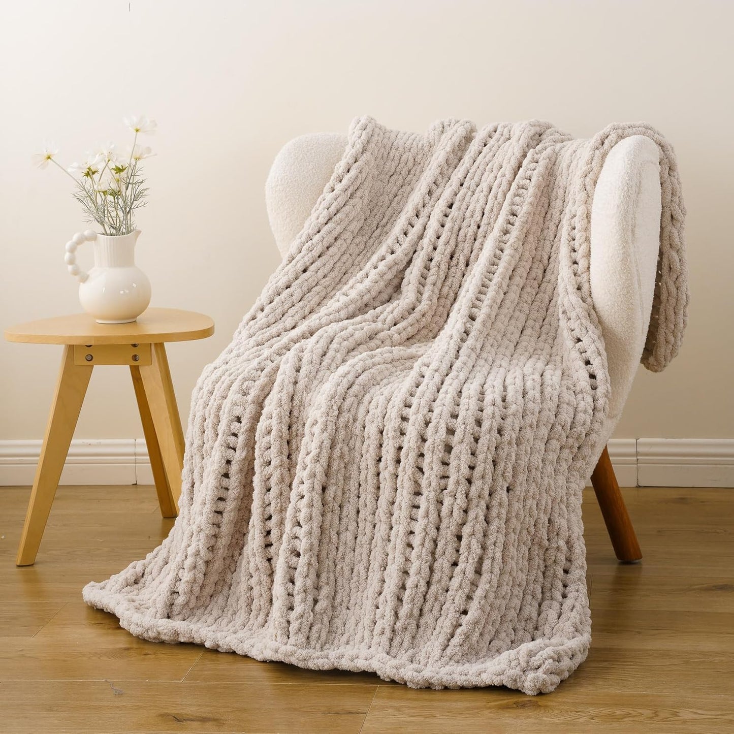 Battilo Chunky Knit Throw Blanket, Soft and Thick Chenille Throw Blanket, 50"x60" Handmade Cable Knit Crochet Blanket, Large Rope Knot Throw Blankets for Couch Sofa Bed Home Decor, Taupe