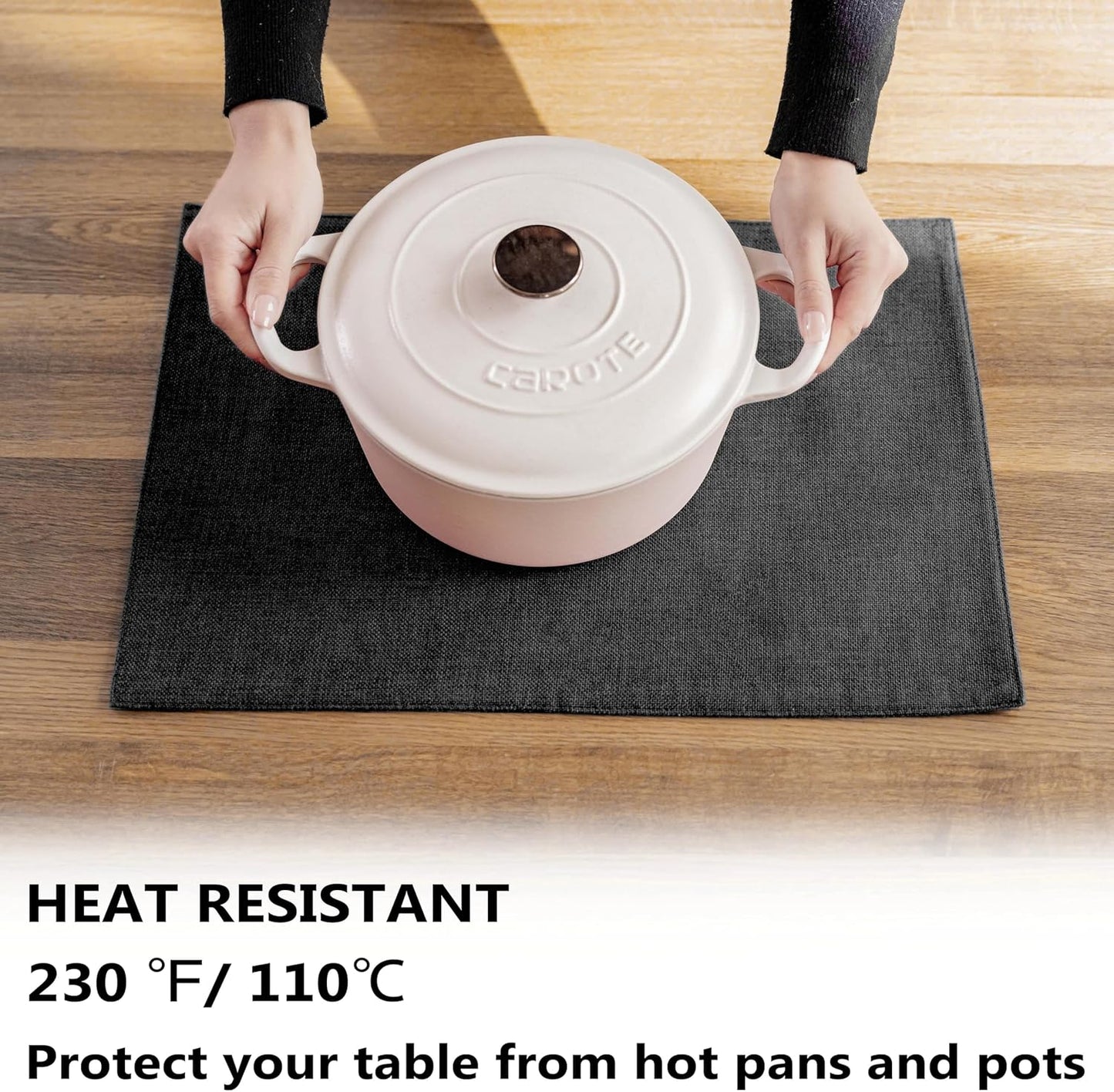 Demetex Black Cloth Placemats Set of 8 Wipeable Classic Place Mats Heat Resistant Table Mats for Dining Room Kitchen Tables, 13x19 inch, Black