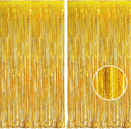BRAVESHINE Gold Tinsel Foil Fringe Curtains - 2Pcs 3.2x8.2ft Holidays Photo Backdrop for Men 60th Birthdays/Bridal Wedding/Engagement/Anniversary/Hawaiian/Luau/Christmas/New Years Party Decorations