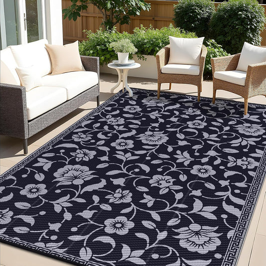 OLANLY Waterproof Outdoor Rug 8x10 ft, Outdoor Plastic Straw Rug with Flower Pattern, Reversible RV Mat for Patio, Camping, Balcony, Deck, Backyard, Black & Grey