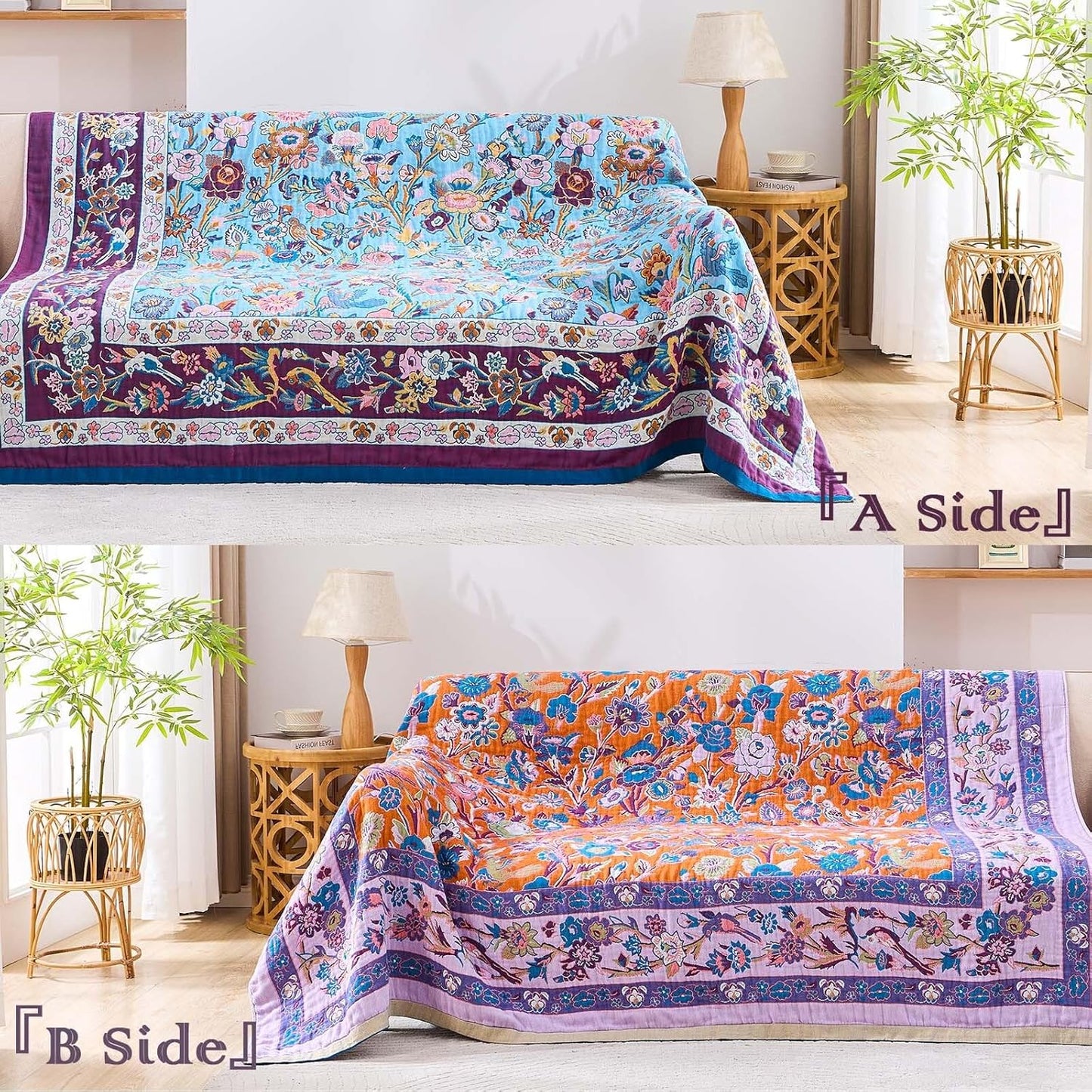 Fall Blanket for Bed, 100% Cotton Soft Rustic Boho Throw Blanket Quilt, 90"x98" Farmhouse Decor Bed Flower Blankets, Light Weight Reversible Bohemian Throw Quilt