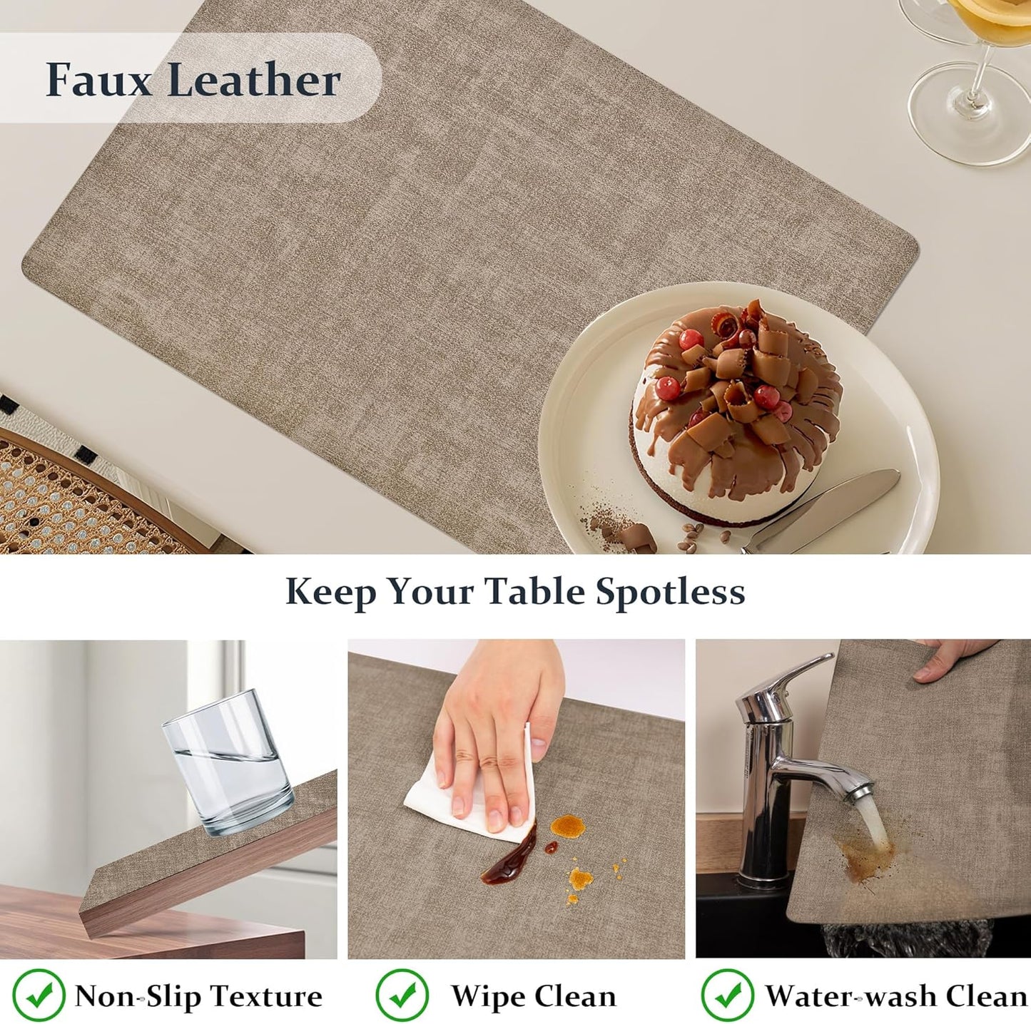 FROMHEART Faux Leather Placemats Set of 4–Waterproof,Heat/Oil Stain-Resistant PU Table Mat–Reversible,Non-Slip,Easy to Clean Place Mats for Kitchen,Dining,Indoor/Outdoor,(Light Coffee,11.8" x 17")
