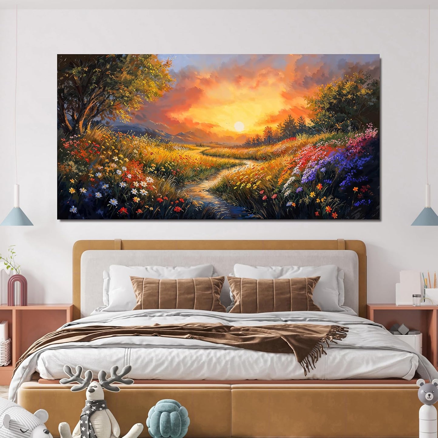 Canvas Wall Art Decor Large Wall Art Pictures for Living Room Vintage Landscape Wall Art Prints Canvas Art Wall Decor Wildflower River Artwork for Walls Bedroom Home Aesthetic Wall Art Decor 20" X 40"