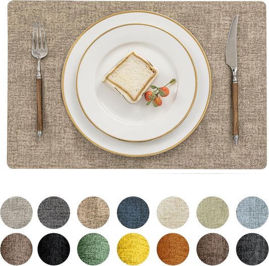 Romanstile Vinyl Placemats Set of 12-12 X 18 Inch - Heat Resistant Place Mats 100% Waterproof Oilproof Wipeable Reversible Faux Leather Table Mats for Kitchen/Dining/Party/Outdoor, Khaki