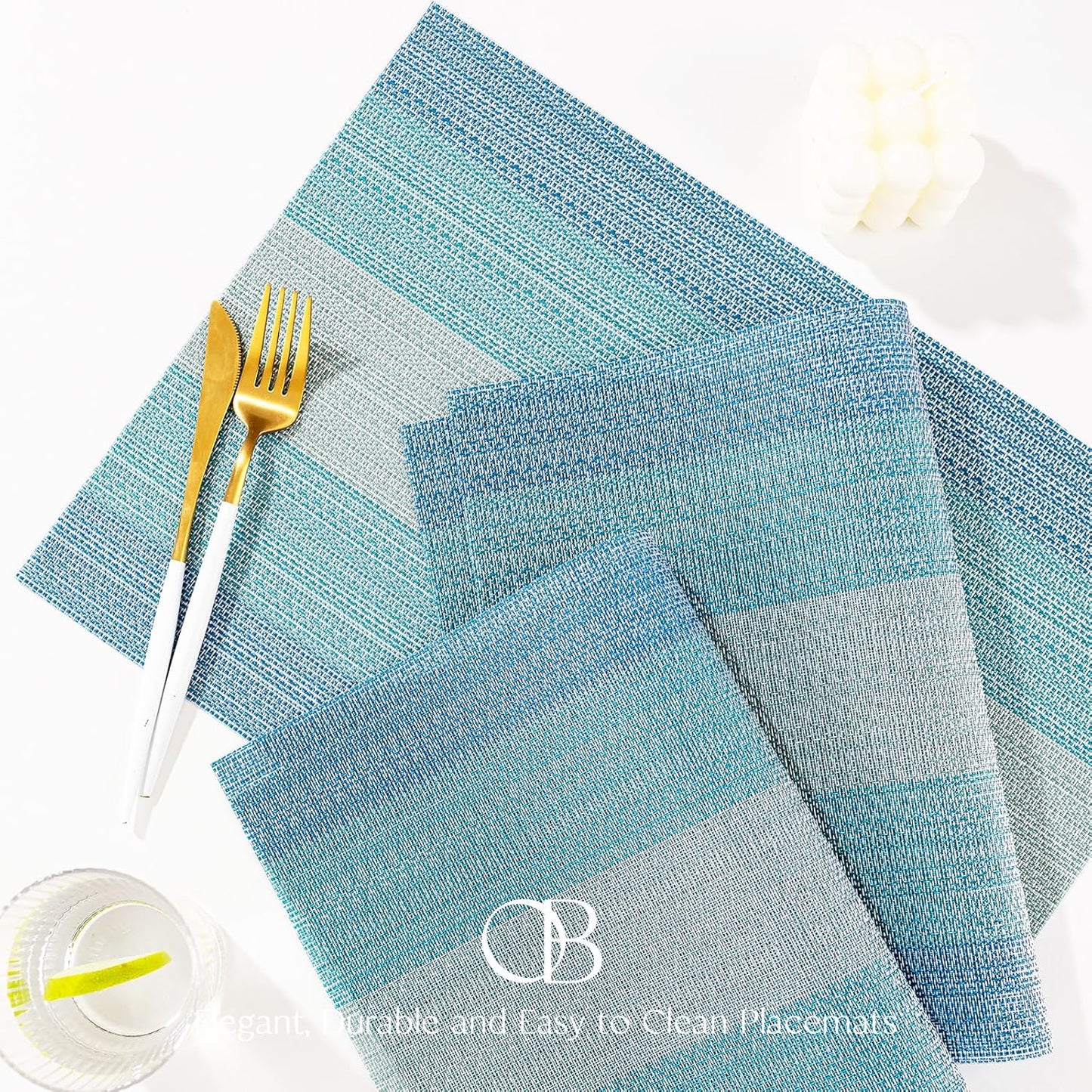 Placemats Set of 12 - Easy Clean Woven Vinyl Placemats for Dining Table, Indoor/Outdoor Place Mats, Washable PVC Table Mats（Ocean Geode）