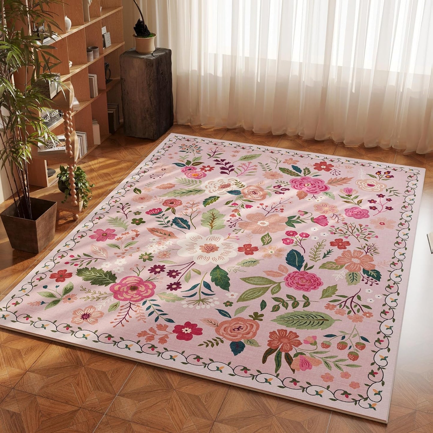 Bedroom Rug 3x5 Rug Washable Area Rug Non Slip Low Pile Boho Floral Small Carpet for Bedroom, Bedside, Kitchen, Entryway, Kids Room, Office, College Dorm Essentials for Girls(Pink)