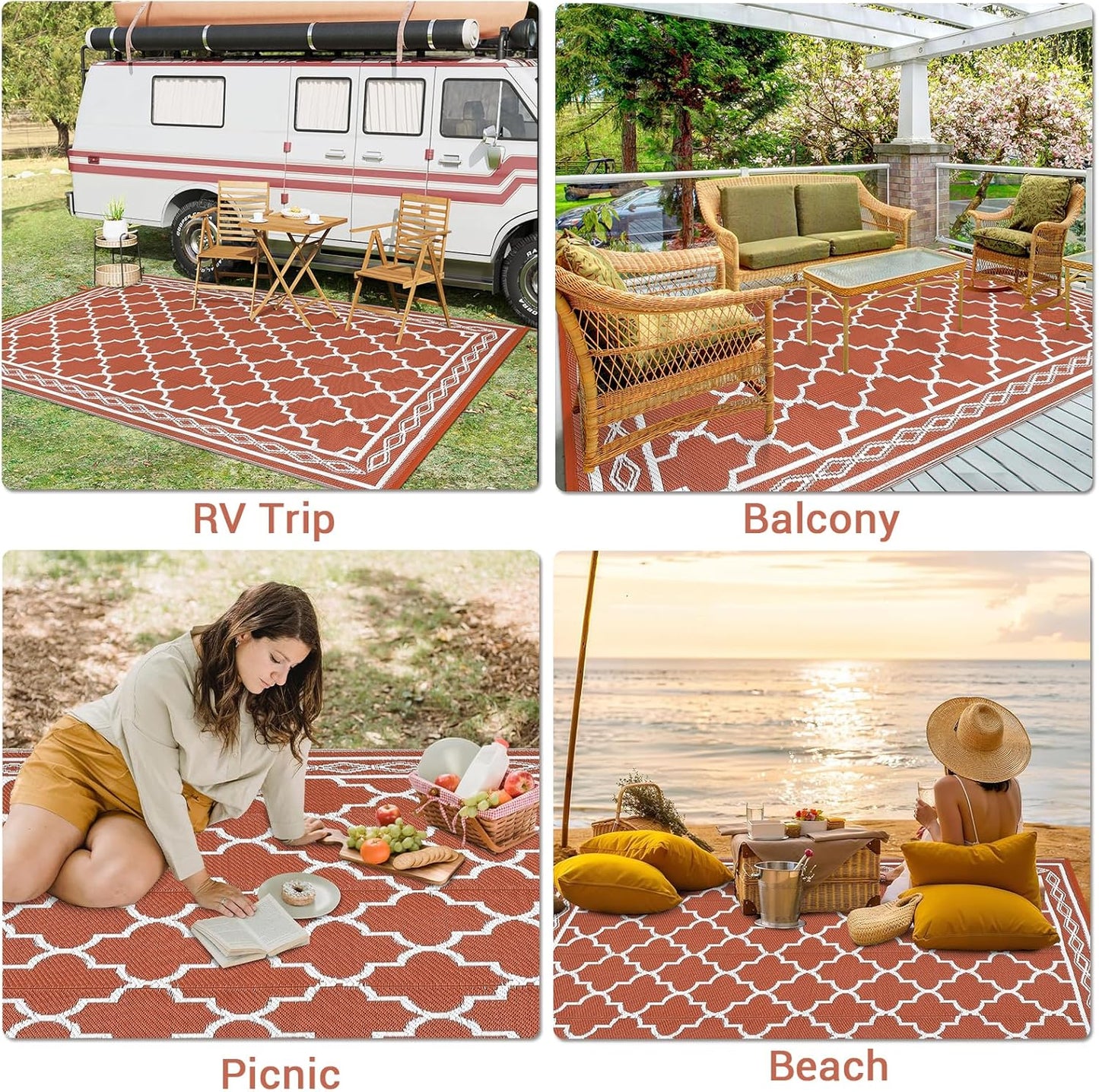 GAOMON Reversible Outdoor Rug 9'x18' Waterproof Plastic Straw Rug, Patio Rug, Large Modern Area Rug Carpet, Indoor Outdoor Rugs for Camping, Porch, Deck, Balcony, Backyard, Orange/White(Geometric)