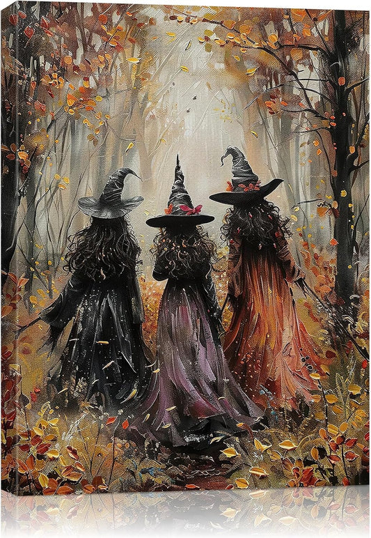 Halloween Canvas Wall Art, Vintage Three Witches Poster, Gothic Dark Academia Wall Decor, Spooky Halloween Decor for Living Room, Bedroom & Bathroom, Framed Fall Decorations Indoor