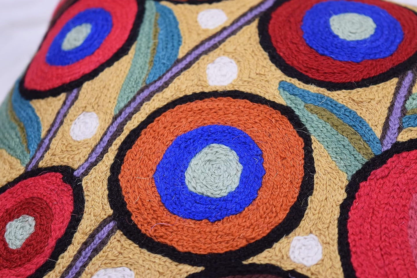 Yellow Floral Poppy Pillow Cover - Red Floral Outdoor Pillowcase - Suzani Accent Pillow - Flower Accent Cushions - Hand Embroidered Wool - Size 18x18