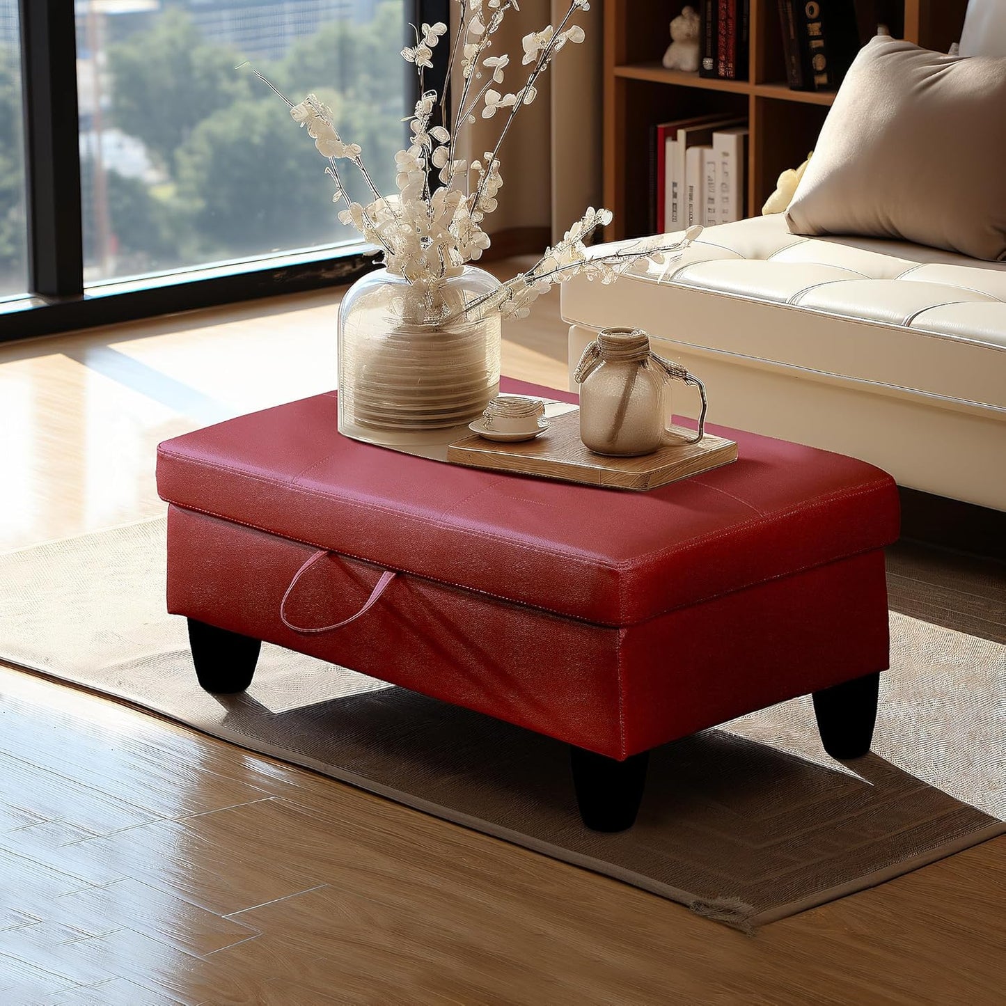 Ottoman Rectangular Storage Ottoman Bench, Faux Leather Footrest, Coffee Table, Stool Footstool with Hinged Lid for Living Room, Bedroom, Entryway, Red, 28.5"x19"x17.5"