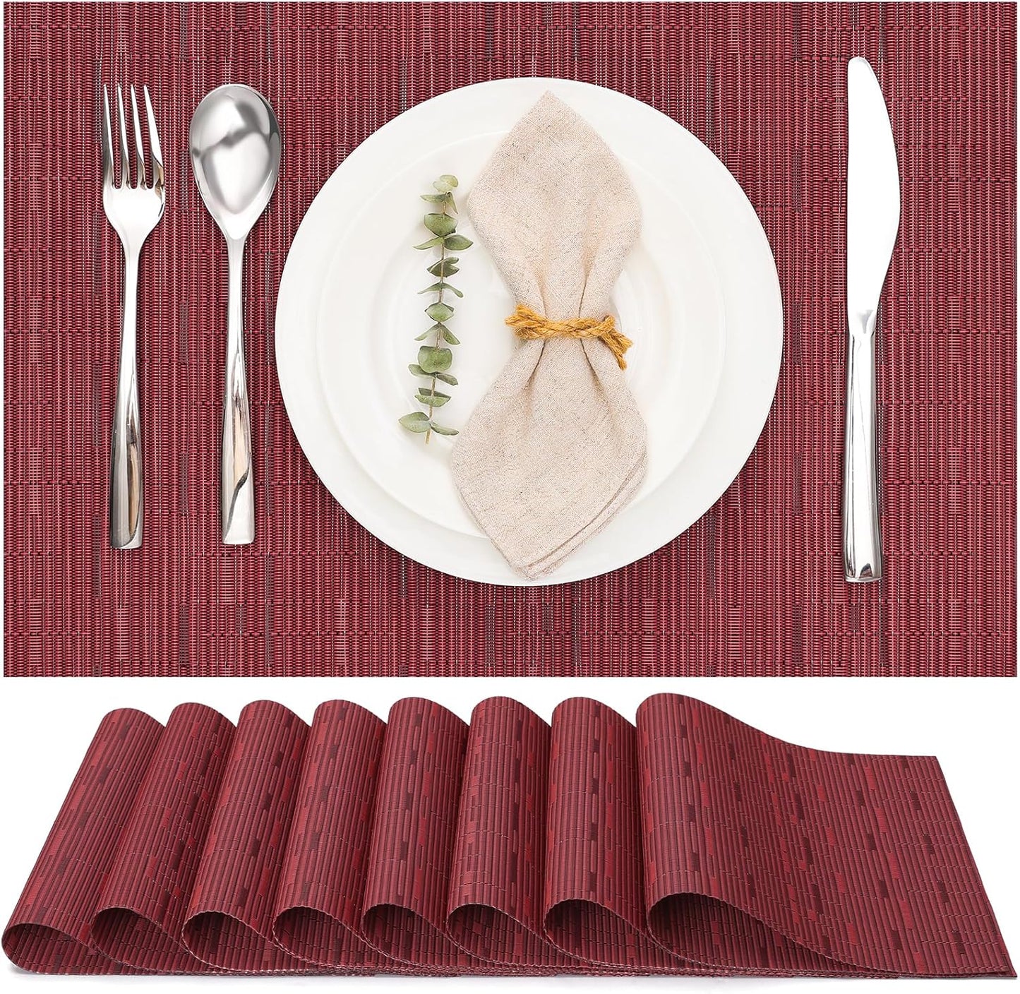 Myir JUN Placemats Set of 8, Vinyl Woven Placemats Place Mats Indoor Set of 8 Washable Table Mats Non-Slip Place mats for Dining Table (Red, Set of 8)