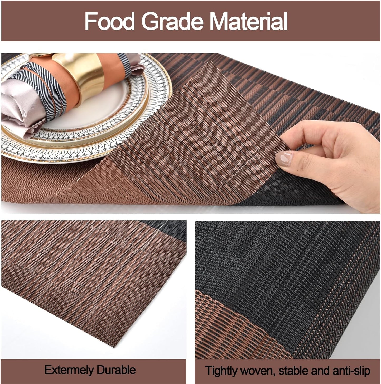 Placemats Set of 8 - Easy Clean Modern Durable Washable Vinyl Place Mats - Heat Resistant Placemats for Kitchen Table - PVC Table Mats for Dining Table (Brown Black, 8)