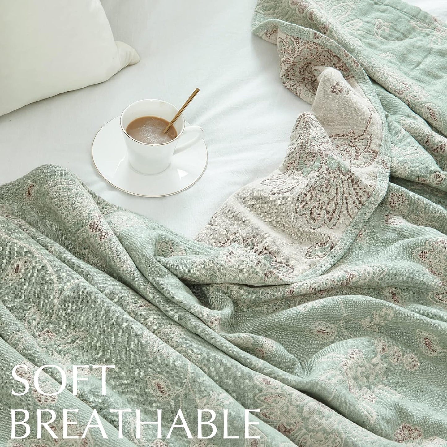 jinchan Boho 100% Cotton Muslin Queen Size 80x90 Inches Blanket Lightweight 4-Layer Quilted Soft Green and Beige Floral Throw Blanket Reversible Comfy Flower Rustic All Seasons Couch Bedroom Decor