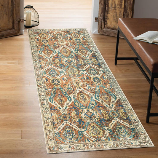 Keen Home Design 2x10 Rug - Machine Washable Runner with Non-Slip Backing, Ideal for Hallway, Entryway, Kitchen, Laundry Room - Vintage, Easy Clean, Durable, Low Pile Rug - (2'6" x 10')