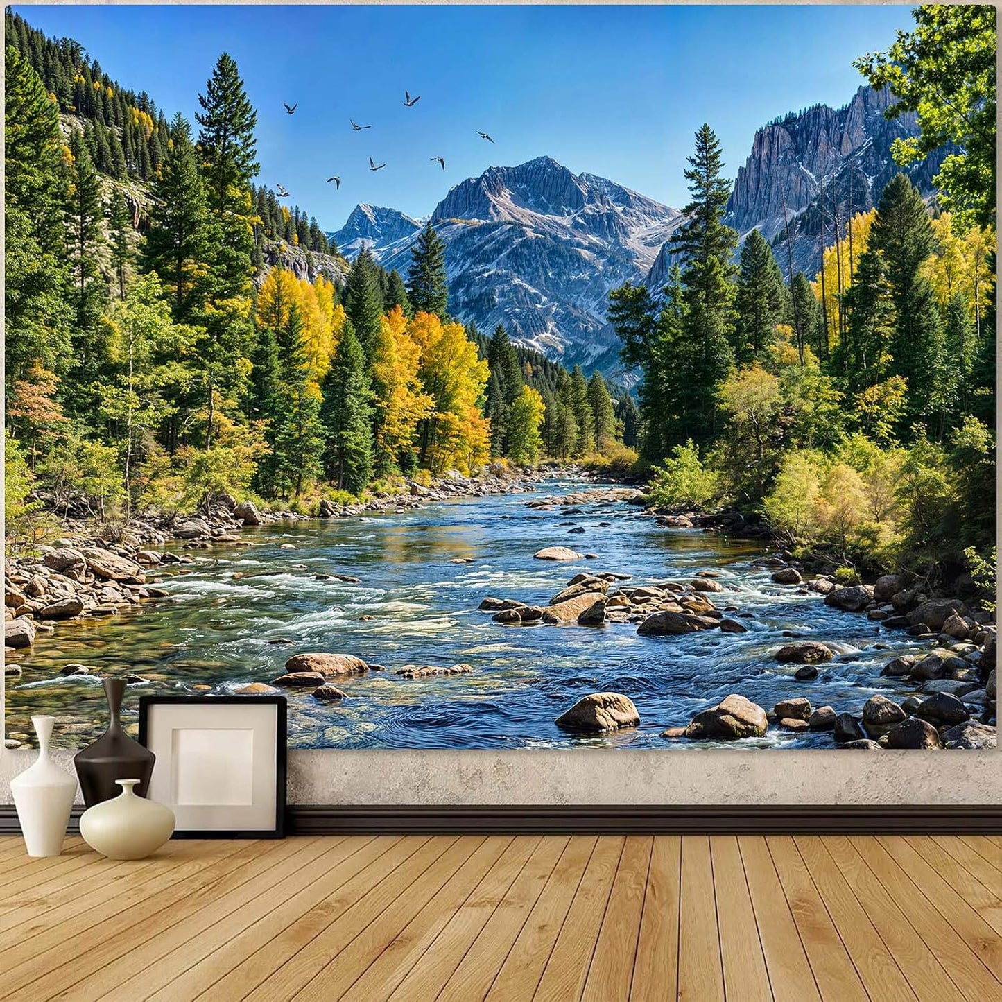 AMM Nature Forest Mountain Tapestry Green Pine Tree Tapestry for Bedroom Aesthetic Flowing River Landscape Tapestries Wall Hanging Bird Decor for Living Room Classroom Dorm Office