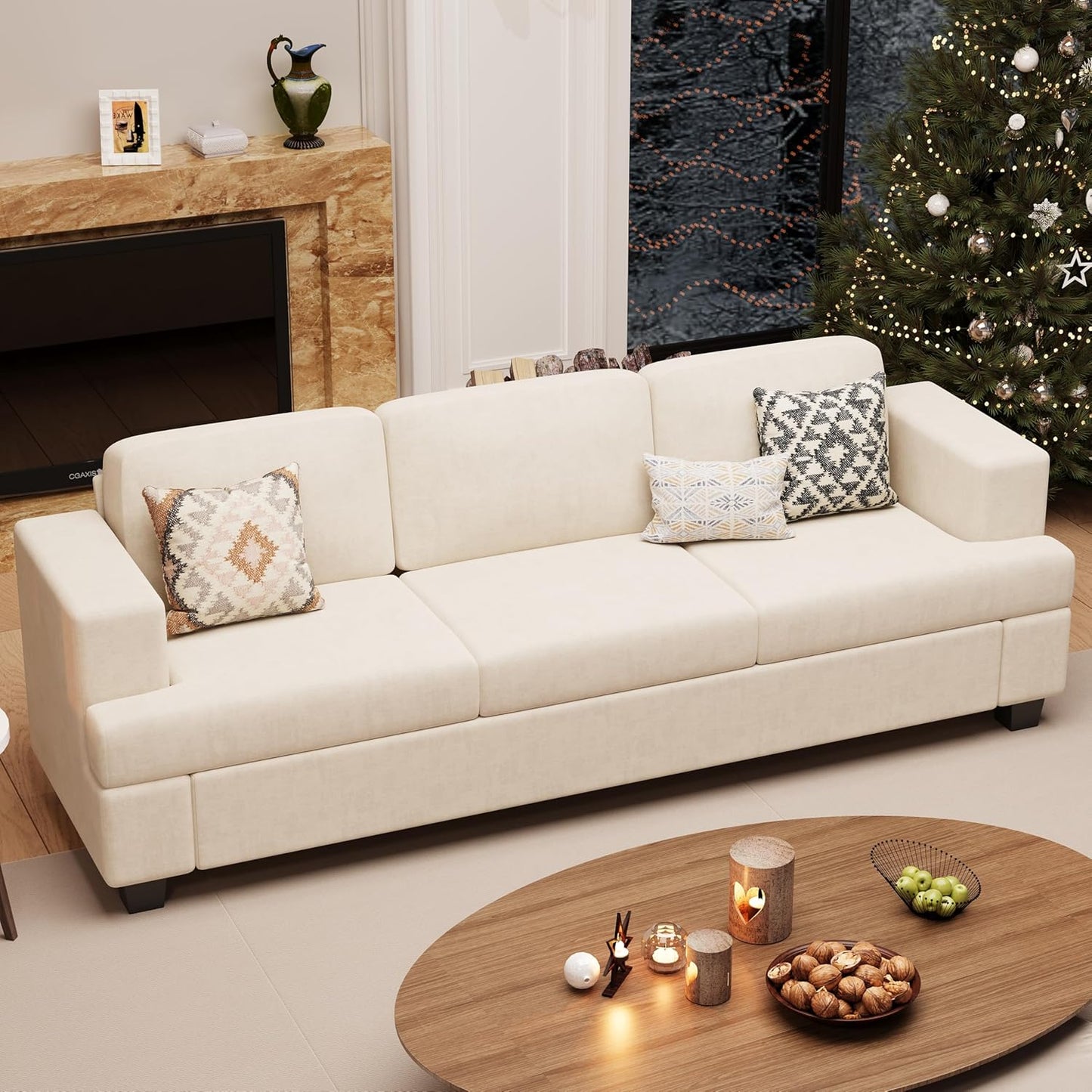 Sofa, 89" 3-Seater Deep Seat Sofa, Modern Comfy Couches for Living Room Apartment Lounge, Beige Chenille