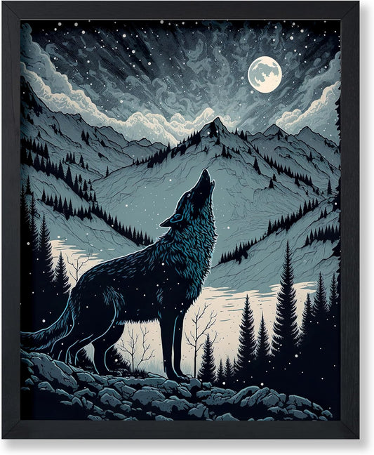 Poster Master Howling Wolf Poster - Moon Print - Mountain Art - Wolf & Moon Art - Gift for Men, Women & Animal Lover - Landscape Decor for Bedroom, Living Room or Kid's Room - 8x10 UNFRAMED Wall Art