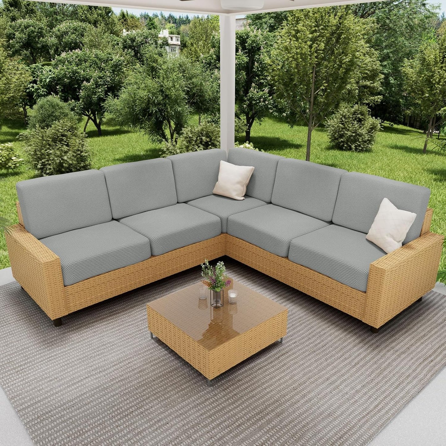 hyha Waterproof Couch Cushion Covers, Sectional Sofa Cushion Slipcovers L Shape, Thick Stretch Jacquard Fabric, Washable Chaise Lounge Cover with Elastic Bottom (1 Piece for Chaise, Light Grey)