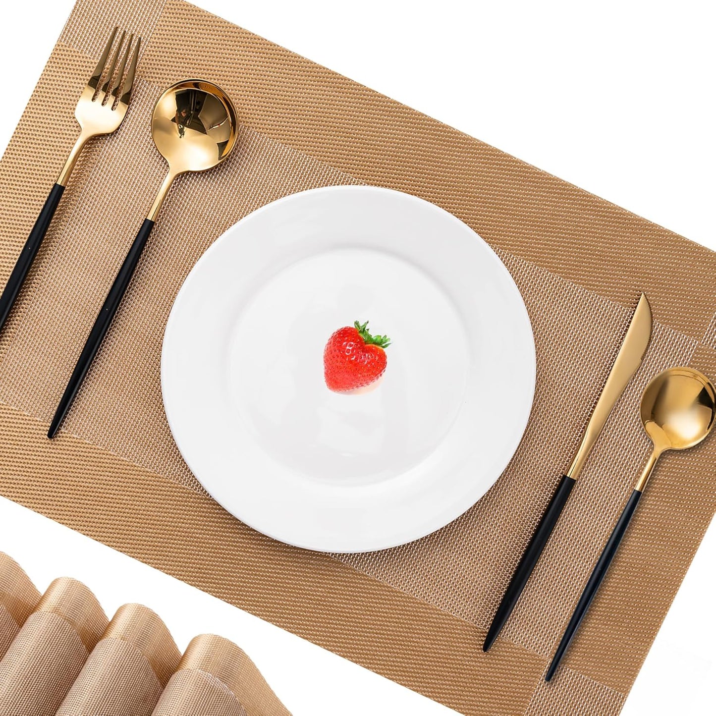 CADONO Placemats Set of 6 Washable Indoor/Outdoor Vinyl Place Mats for Dining Table Durable Non-Slip Heat Resistant PVC Weave Table Mats（Gold Cube）