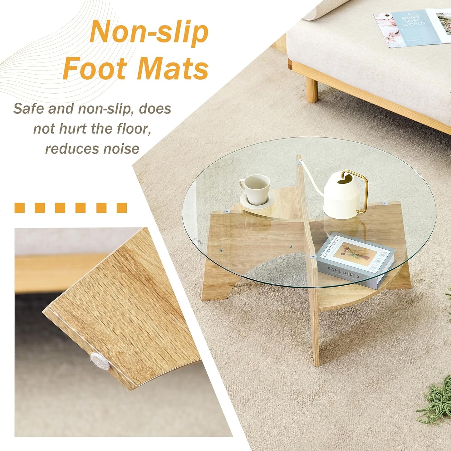 31.5" Round Glass Coffee Table with Tempered Glass Top and MDF Base, Diagonal Fan-Shaped Tray Design Table Leg Simple & Modern Center Table for Living Room Office Apartment Wood