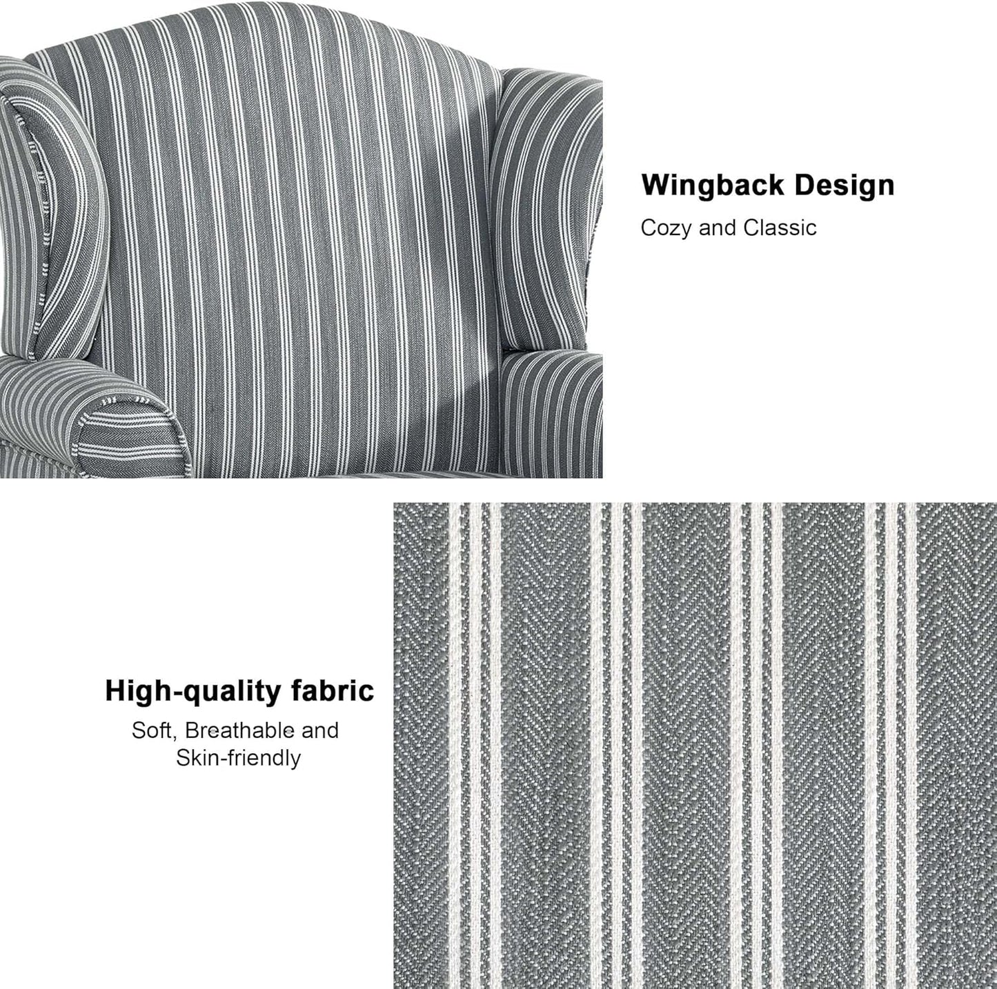 Accent Chair, High Back Upholstered Armchair with High Resilience Sponge & Wood Legs, Mid-Century Modern Comfy Single Sofa Reading Chairs for Living Room, Bedroom (Stripe Grey, Set of 1)