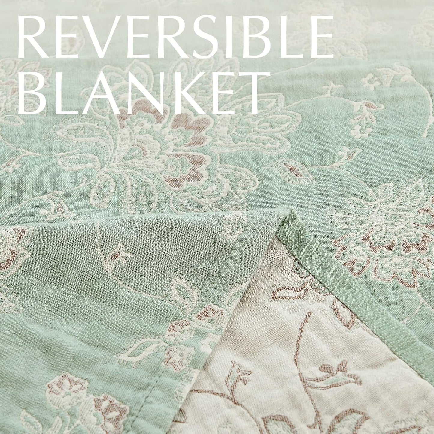 jinchan Boho 100% Cotton Muslin Twin Size 50x60 Inches Blanket Lightweight 4-Layer Quilted Soft Green and Beige Floral Throw Blanket Reversible Comfy Flower Breathable All Seasons Couch Bedroom Decor
