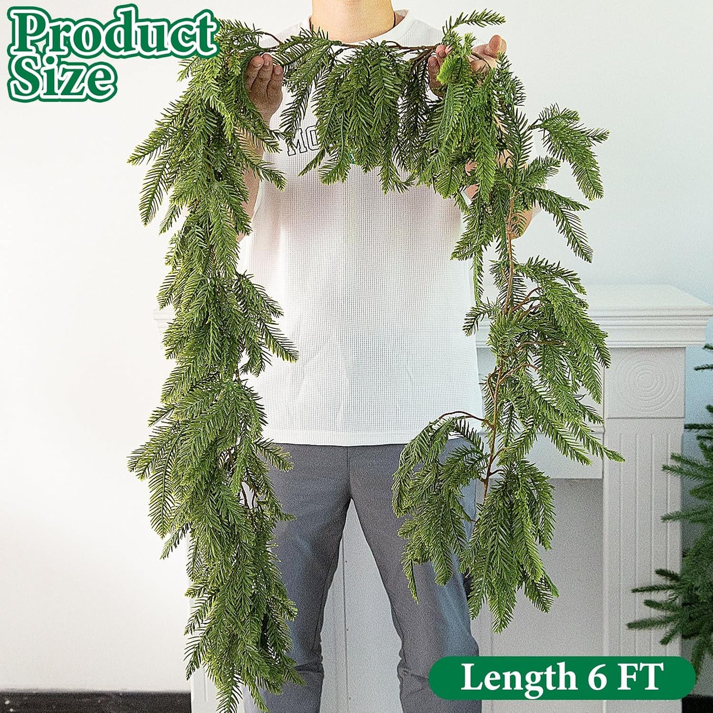 Watayo 6 Ft Christmas Norfolk Pine Garland, 3 Fork Dense Real Touch Pine Garland Ornament, Realistic Artificial Pines Greenery Garlands for Christmas Holiday Mantle Fireplace Table Home Decor