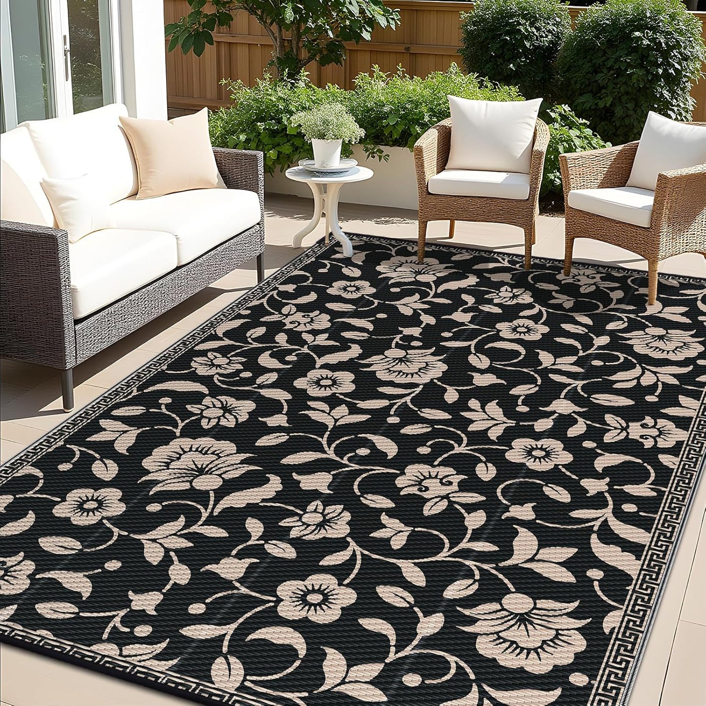 OLANLY Waterproof Outdoor Rug 9x12 ft, Outdoor Plastic Straw Rug with Flower Pattern, Reversible RV Mat for Patio, Camping, Balcony, Deck, Backyard, Black & Beige
