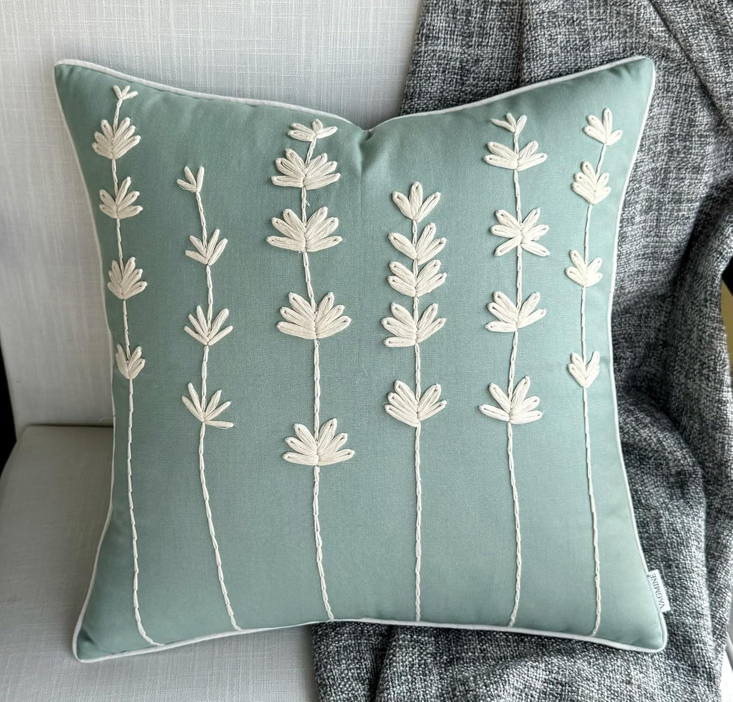 VAGMINE Hand Embroidered Daisy Accent Throw Pillow Cover - 20x20 Inches Square - 100% Cotton Light Teal Decorative Cushion Cover for Couch, Sofa, Bed - Textured Embroidery - Elegant Floral Home Décor