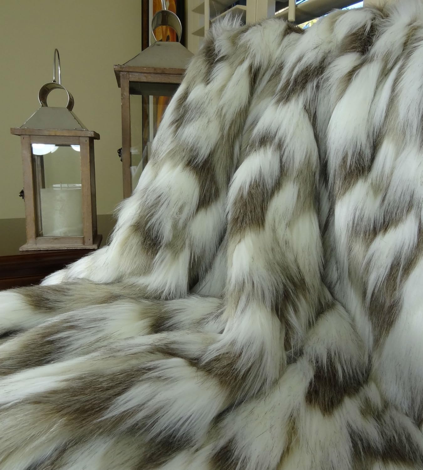Ivory Faux Fur Throw Blanket & Bedspread Tibet Fox Fur - Ivory Beige Luxury Soft Faux Fur, Handmade in US, 16445