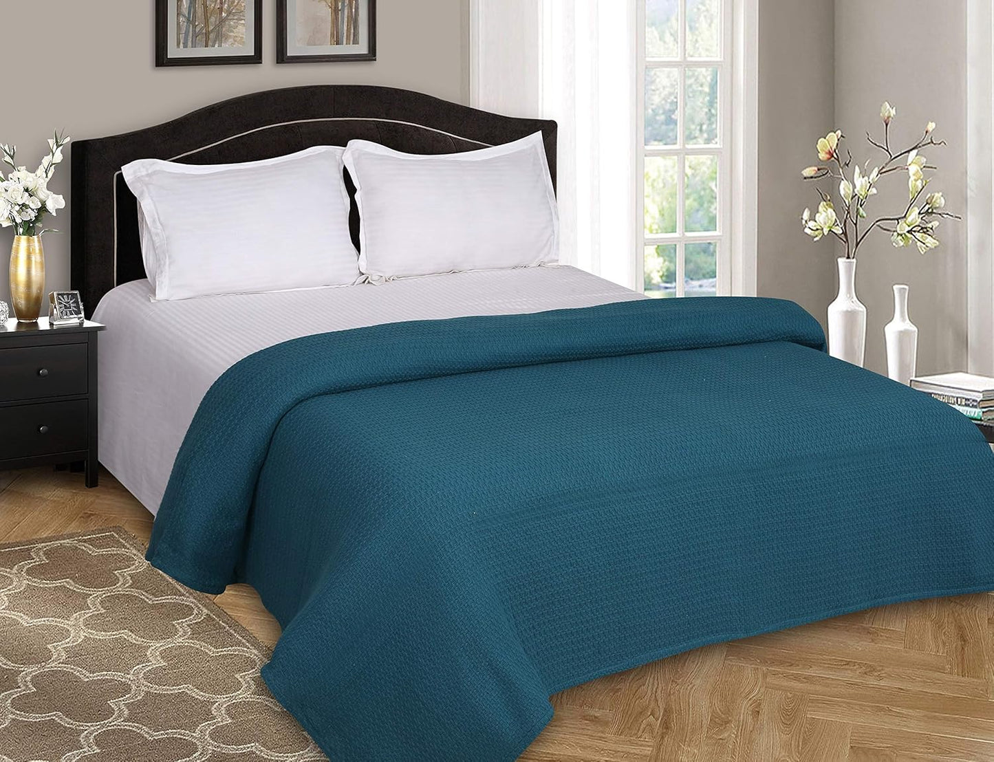 Elvana Home 100% Cotton Bed Blanket, Breathable Bed Blanket Twin Size, Cotton Thermal Blankets Twin, Perfect for Layering Any Bed for All Season, Teal Green