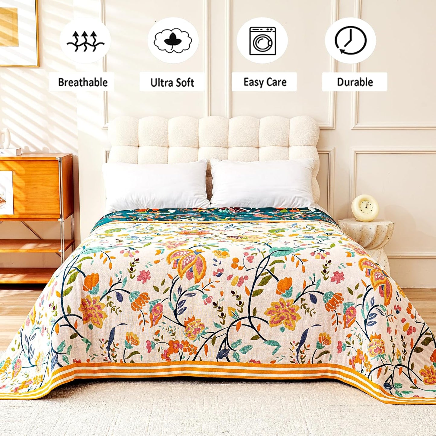 Boho Throw Blanket, 100% Organic Cotton Breathable Ultra Soft 80" x 90" Bed Quilt Throw - All Season Floral Rustic Farmhouse Decor Luxury Reversible Blanket for Sofa Couch Chair and Gift