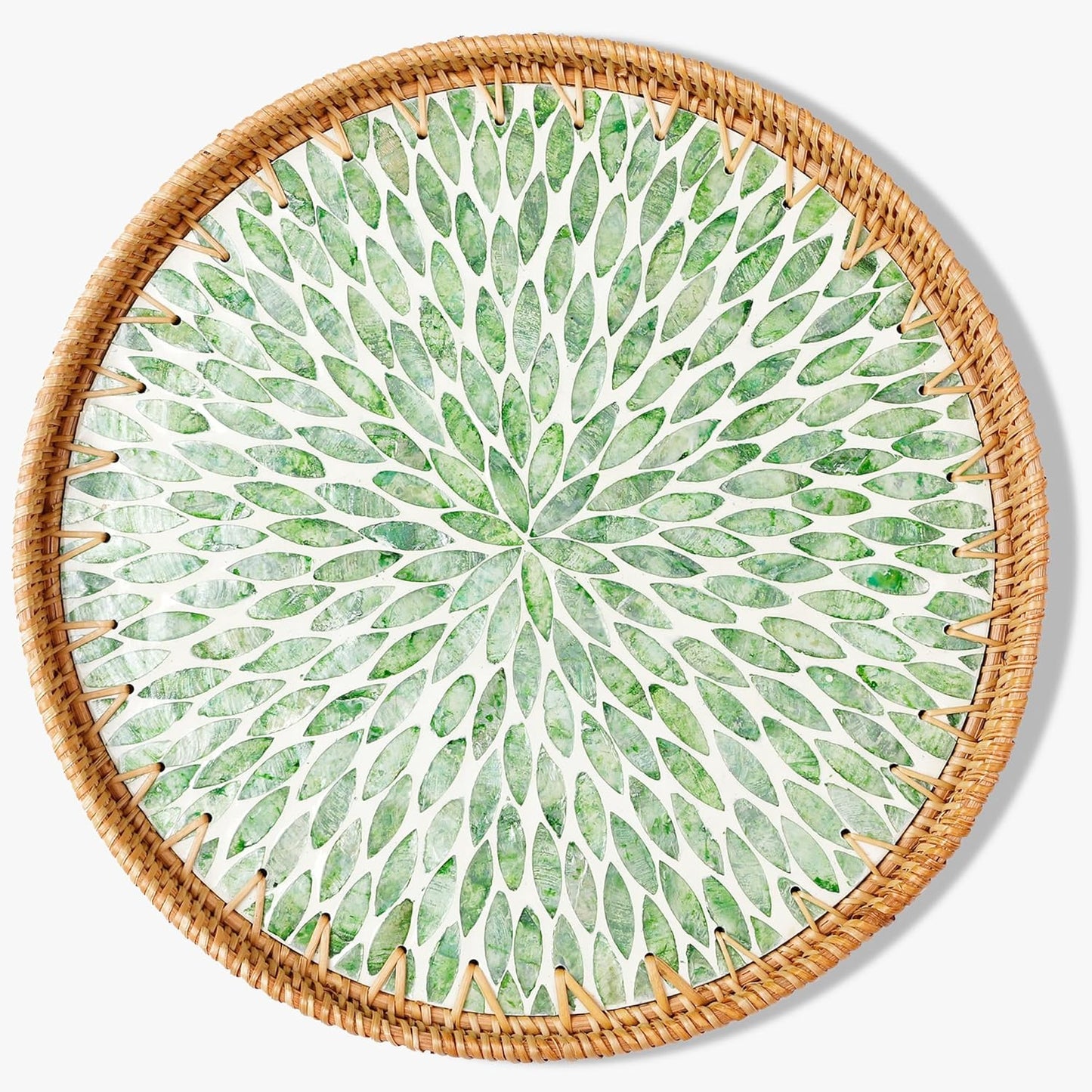 Round Rattan Tray with Mother of Pearl Inlay & Wooden Base - Decorative Wicker Serving Tray for Coffee/Bread/Fruits, Food Storage & Display - Multipurpose Home Decor (L,Green Leaves)