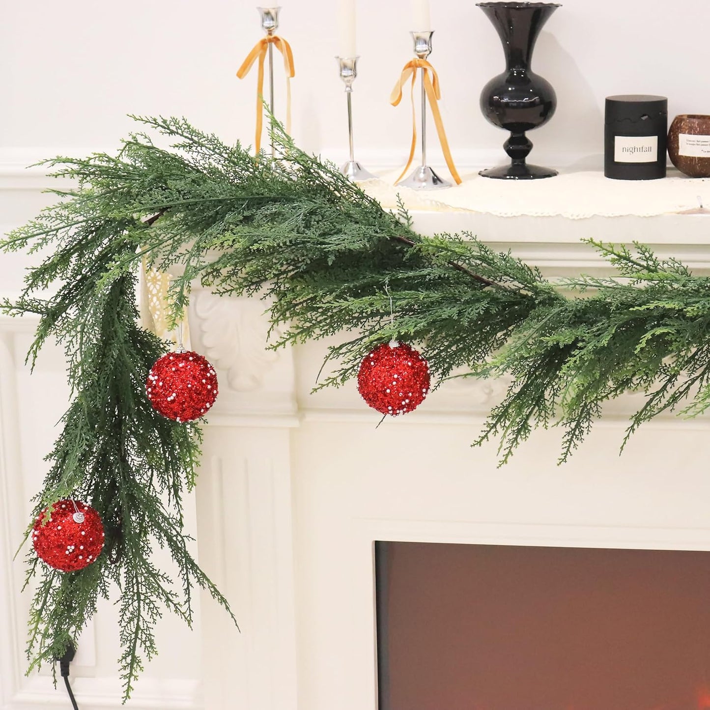 2PCS 9FT Christmas Cedar Garland Full Real Touch Artificial Green Faux Cypress Realistic Pine Garland for Mantle Fireplace Table Home Decoraiton