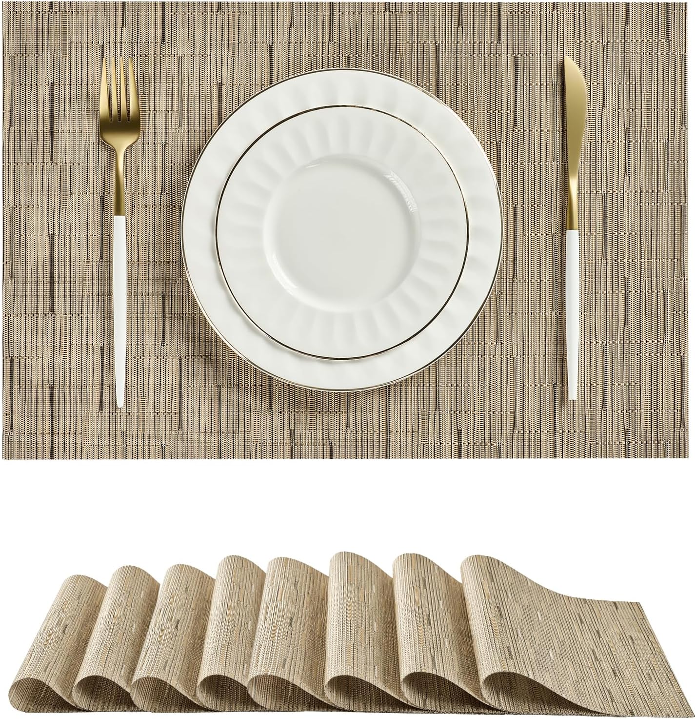 Leetaltree Light Brown Placemats Set of 8 - Heat Resistant Non-Slip Place mats for Dining Table, Washable Durable PVC Vinyl Woven Table Mats（Light Brown, 8）