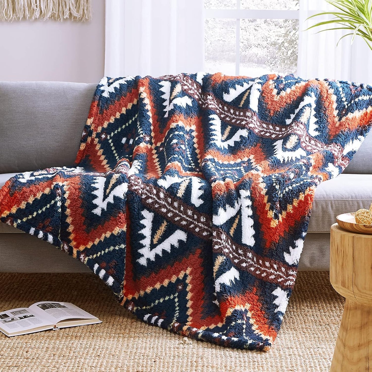 CASAAGUSTO Boho Sherpa Blanket, Aztec Twin Blanket, Ultra Soft, Warm, Cozy, Plush, Thick Fleece Western Blanket for Couch, Bed, Sofa (Navy Blue 60 * 80 Inch)