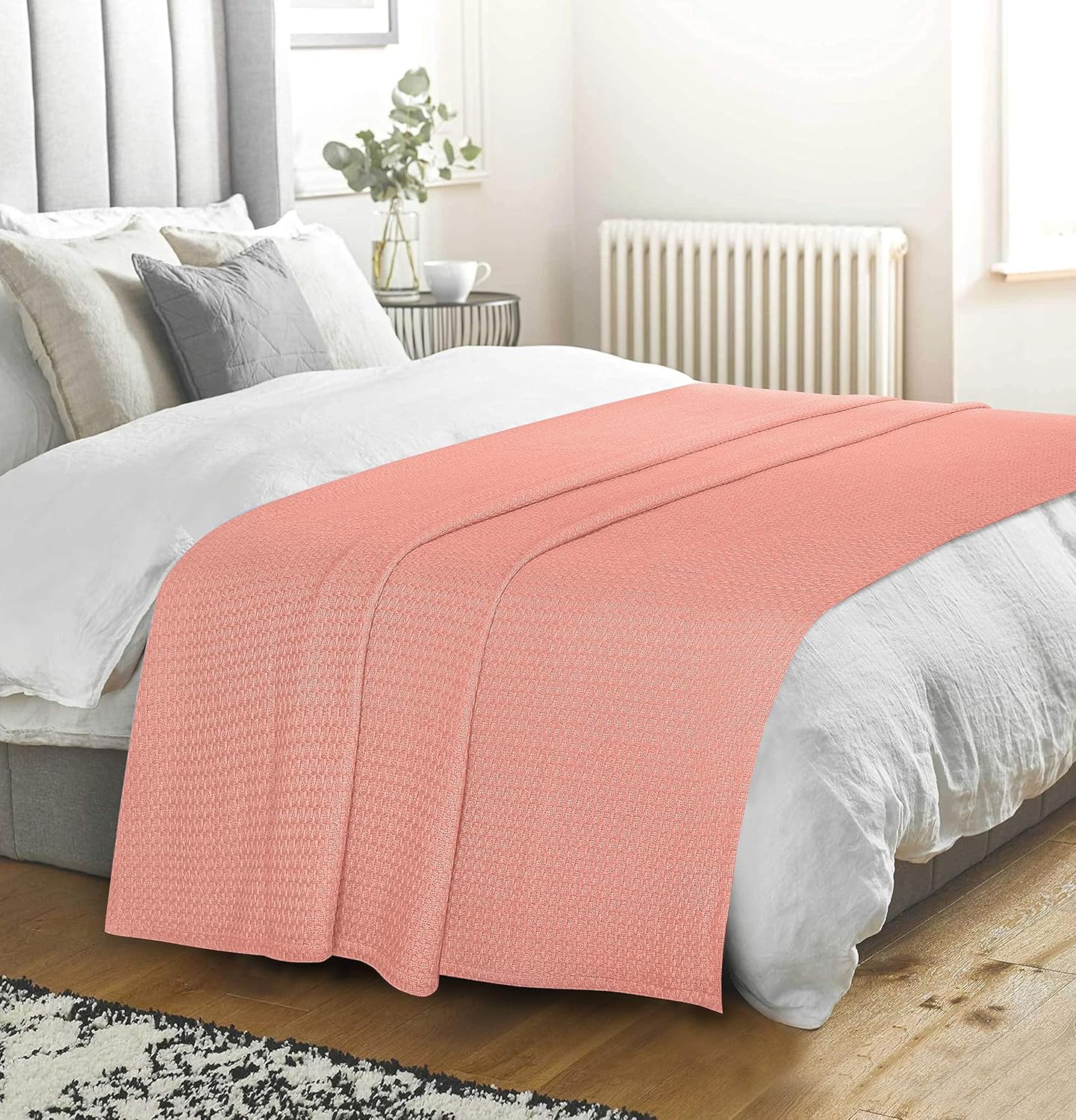 BELIZZI HOME 100% Cotton Bed Blanket, Breathable Bed Blanket Full Queen Size, Cotton Thermal Blankets Full Queen, Perfect for Layering Any Bed for All Season, Peach